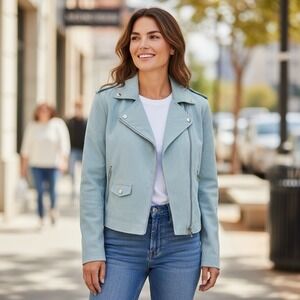 Outer Edge Womens Jacket L Pale Blue Faux Suede Asymmetrical Zip Moto Biker